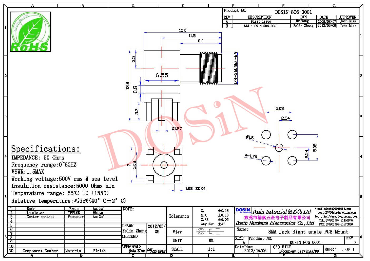 sma连接器弯式方形5引脚母头PCB板端