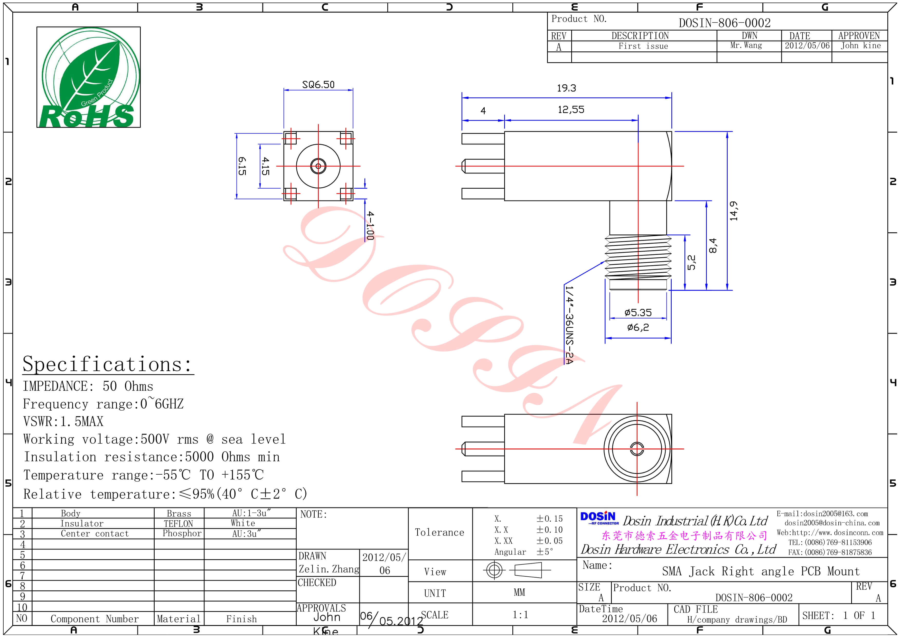 sma接头PCB板端弯式镀金母头