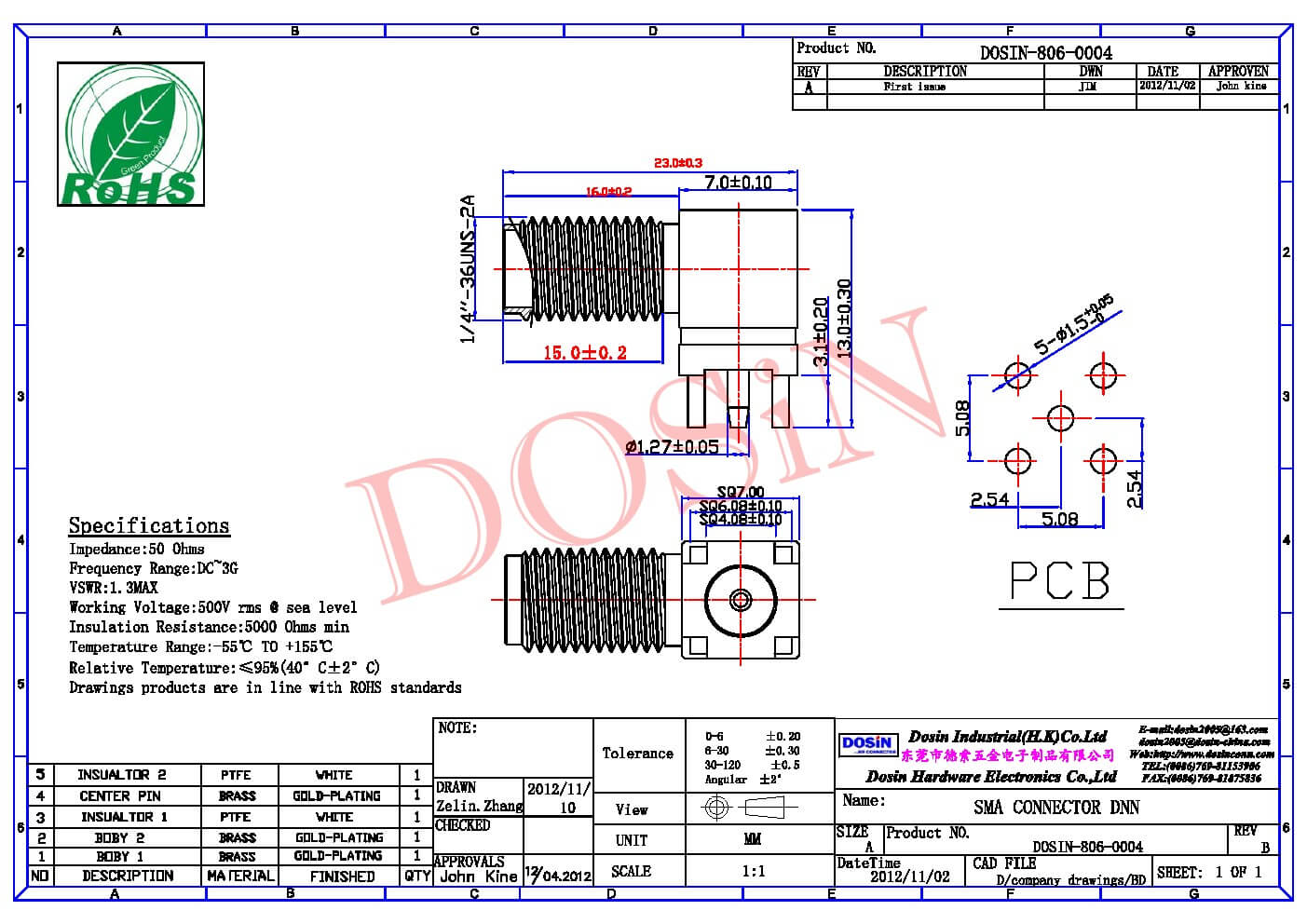 sma接头镀金母头弯式PCB板端