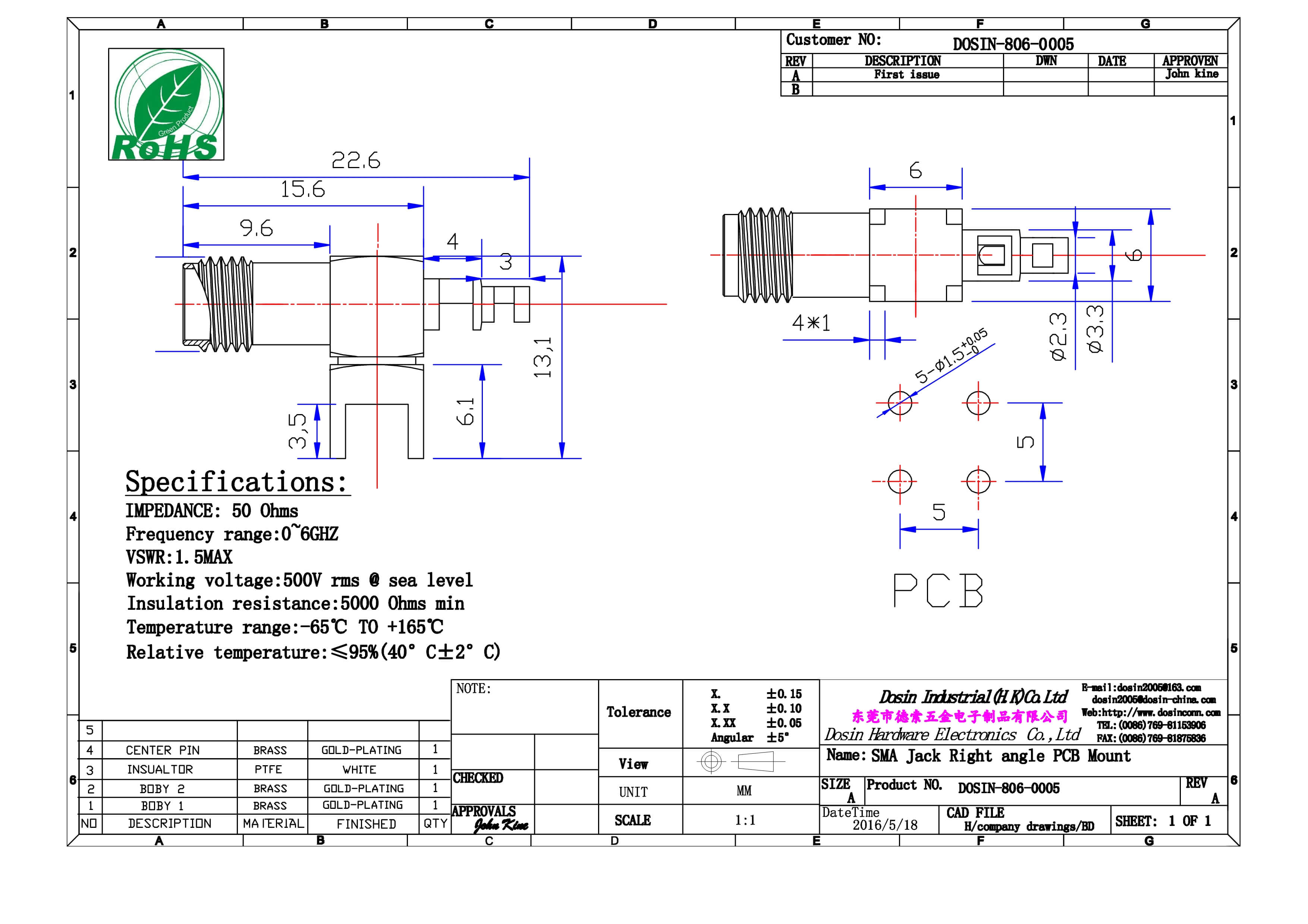 sma接口同轴弯式母头接pcb板