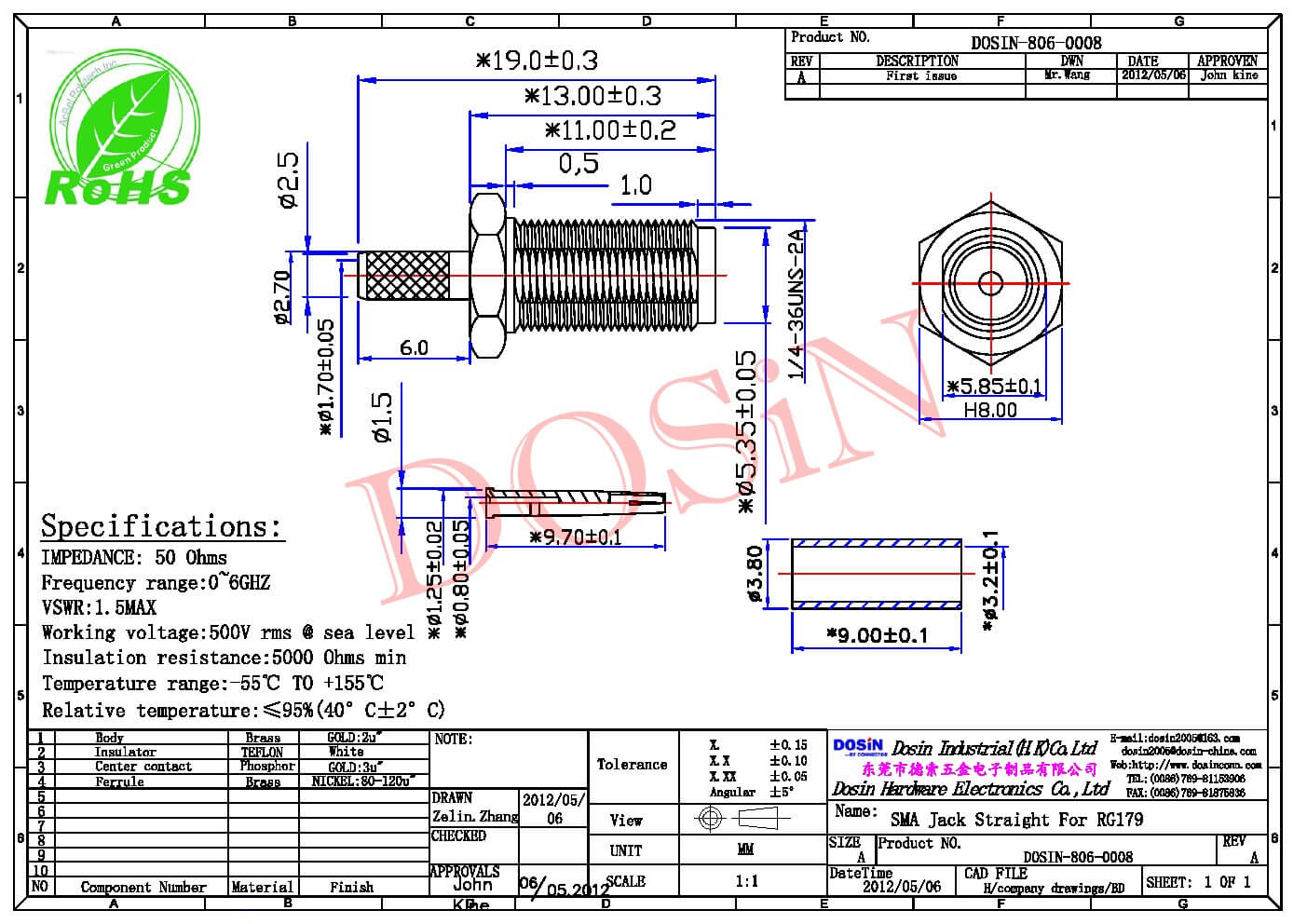 sma母连接器直式穿墙压接同轴线缆RG174 