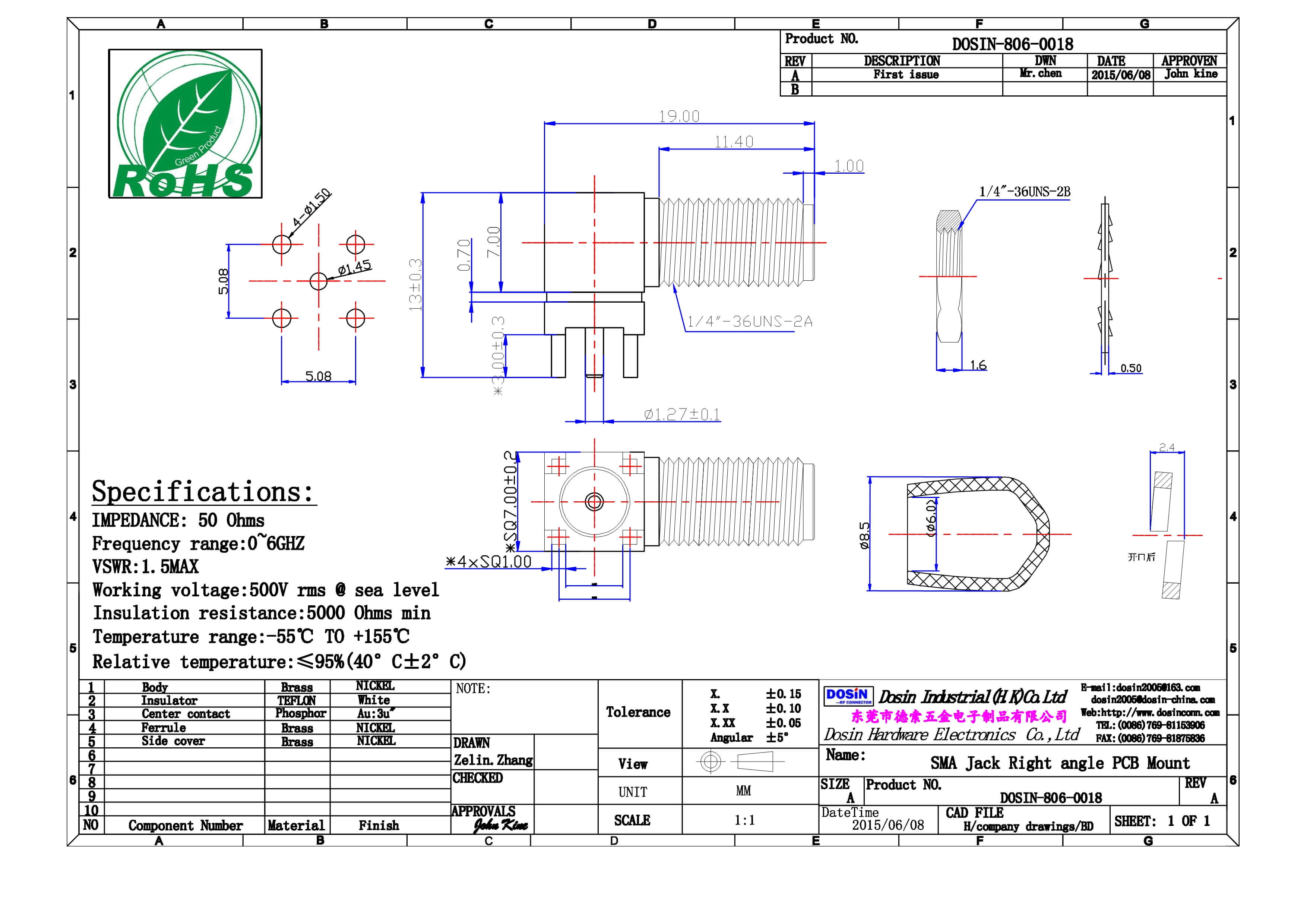 sma同轴连接器接头母头防尘弯式PCB板端