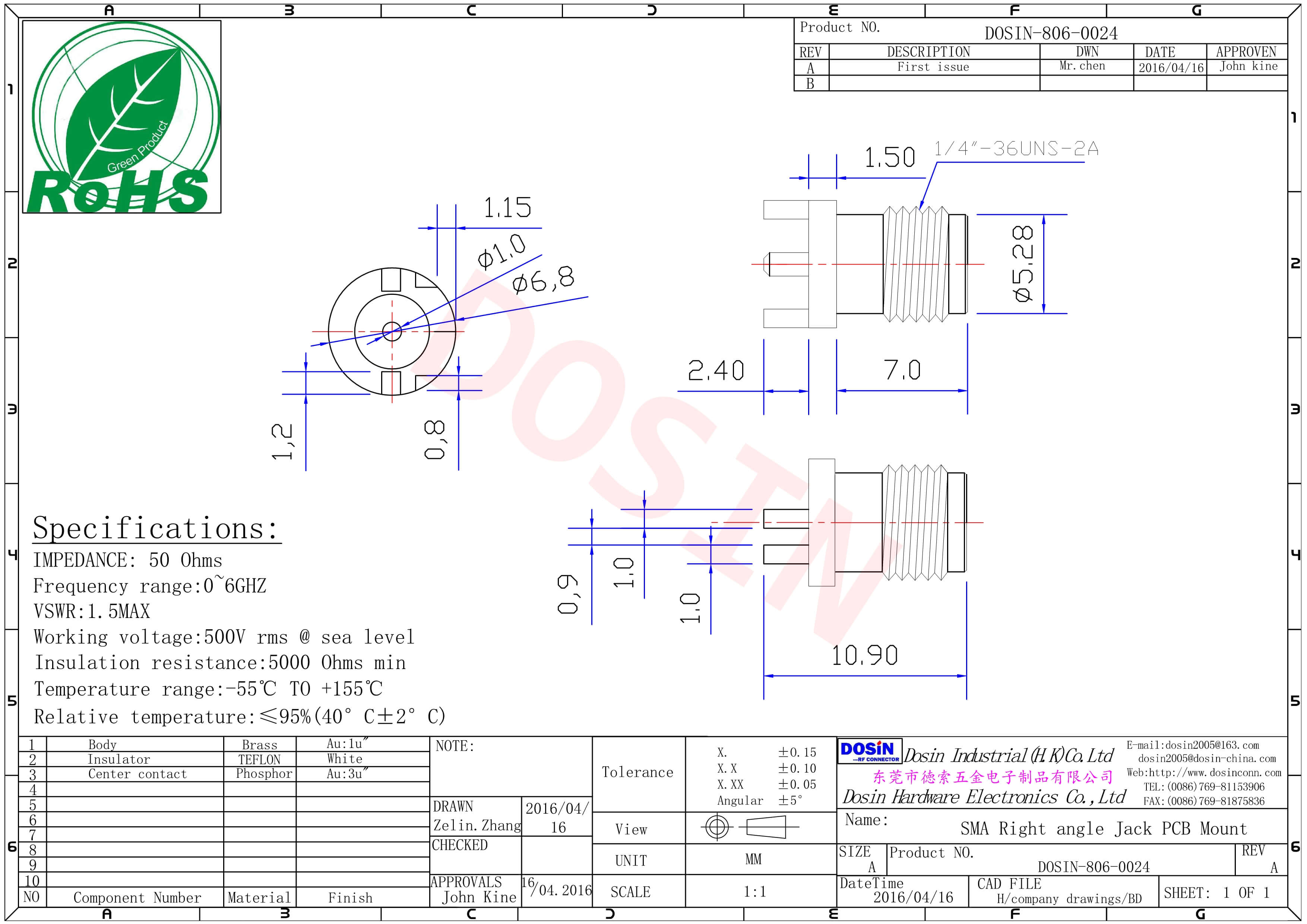 sma连接器连接直式母头镀金PCB边缘卡板