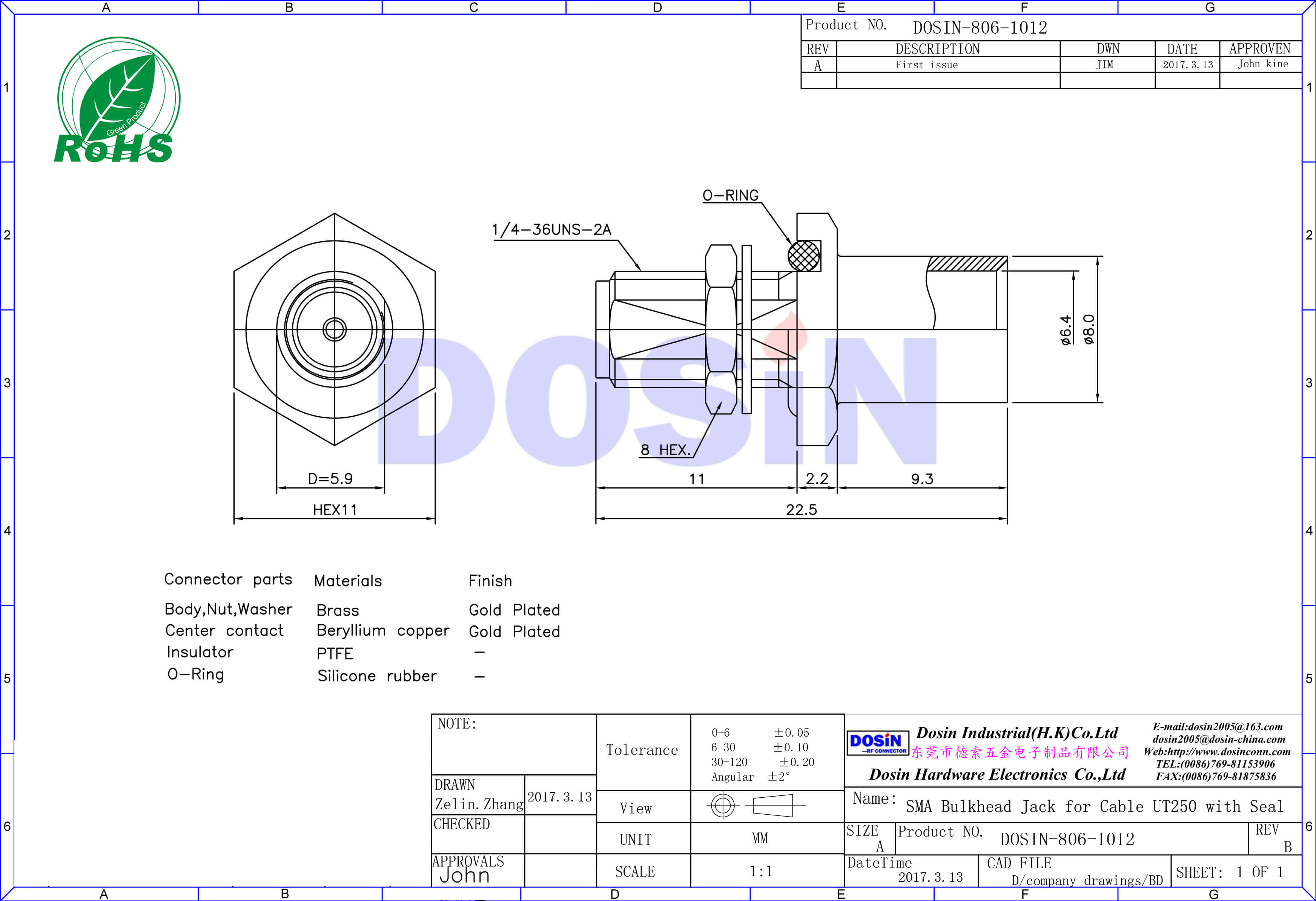 sma连接器接头母头射频同轴线缆UT250直式穿墙防水