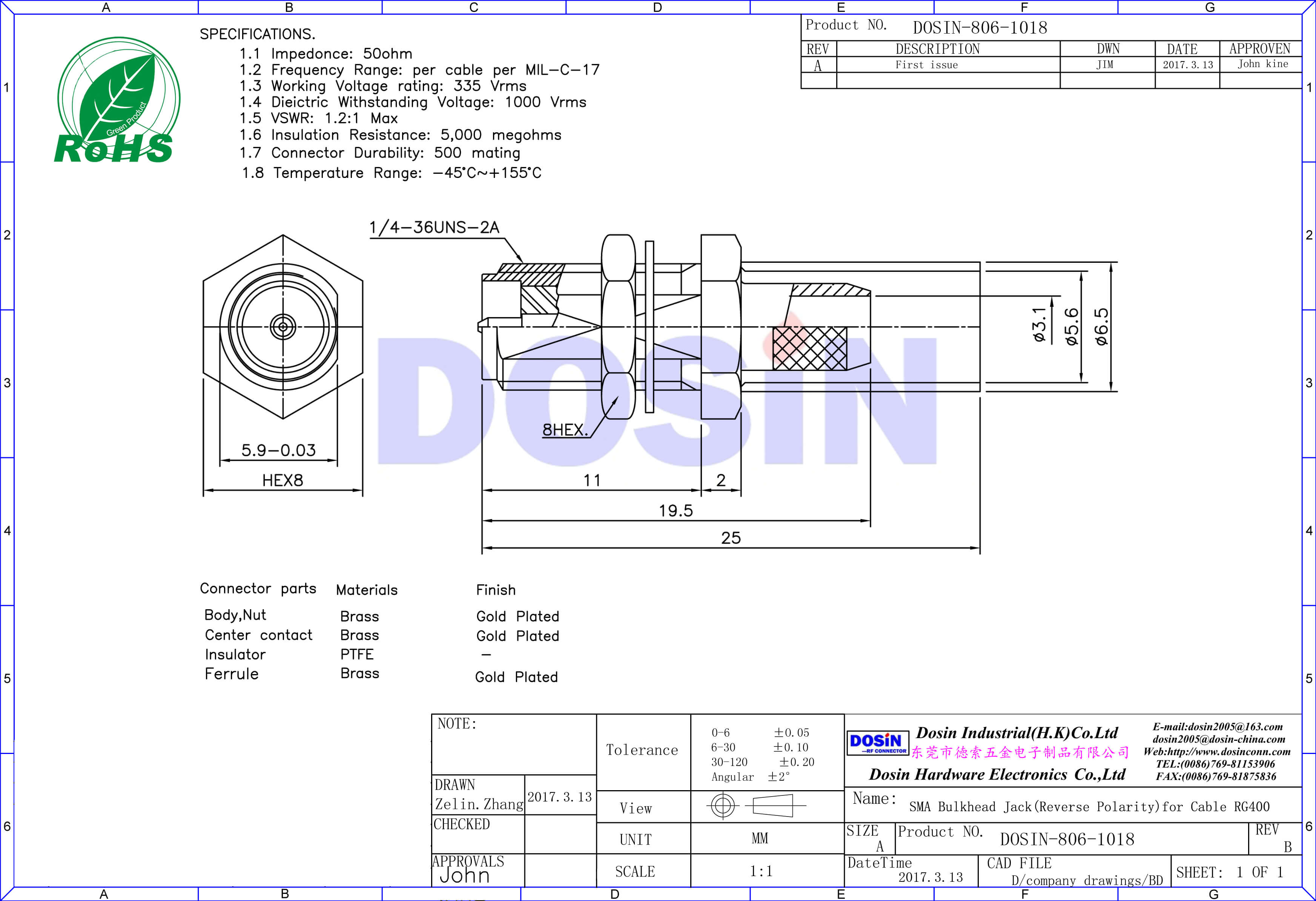 sma反极性插座直式穿墙同轴线缆RG400