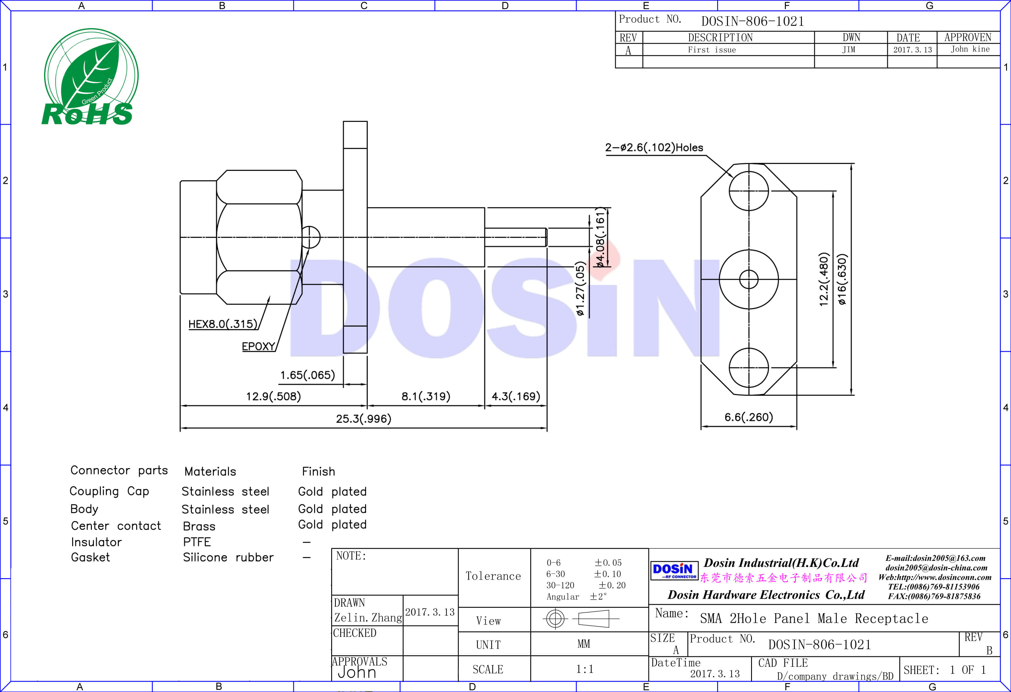SMA 2孔法兰直式公头延伸式SMA连接器