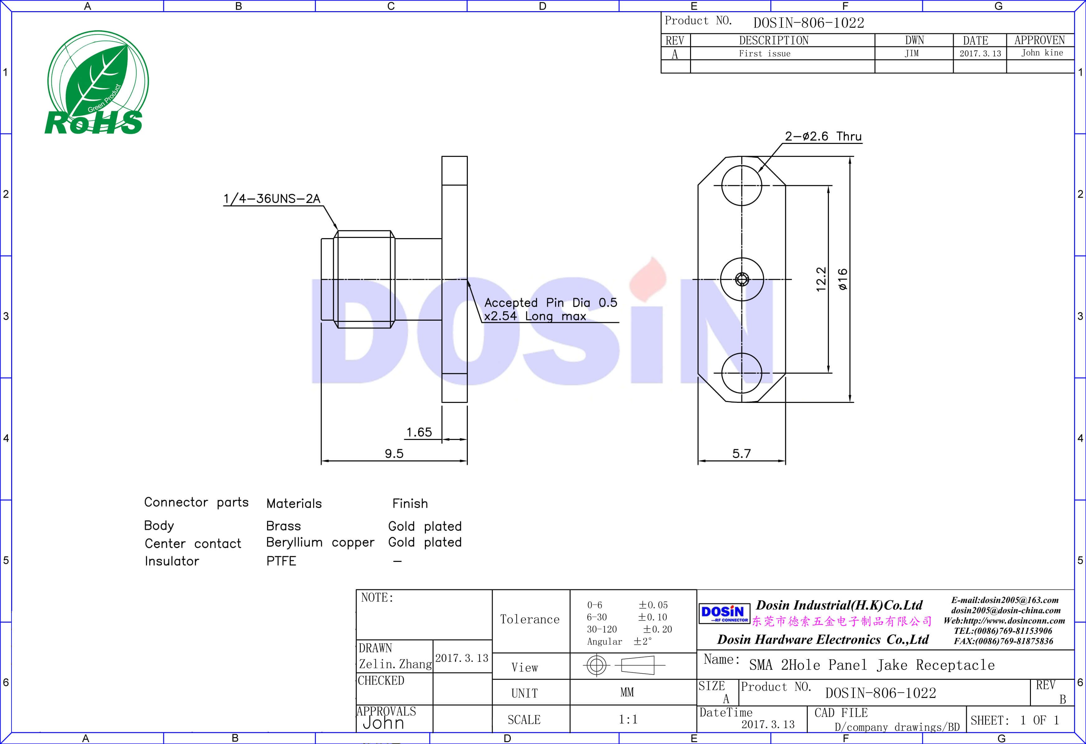 sma射频同轴连接器母头直式法兰盘2孔