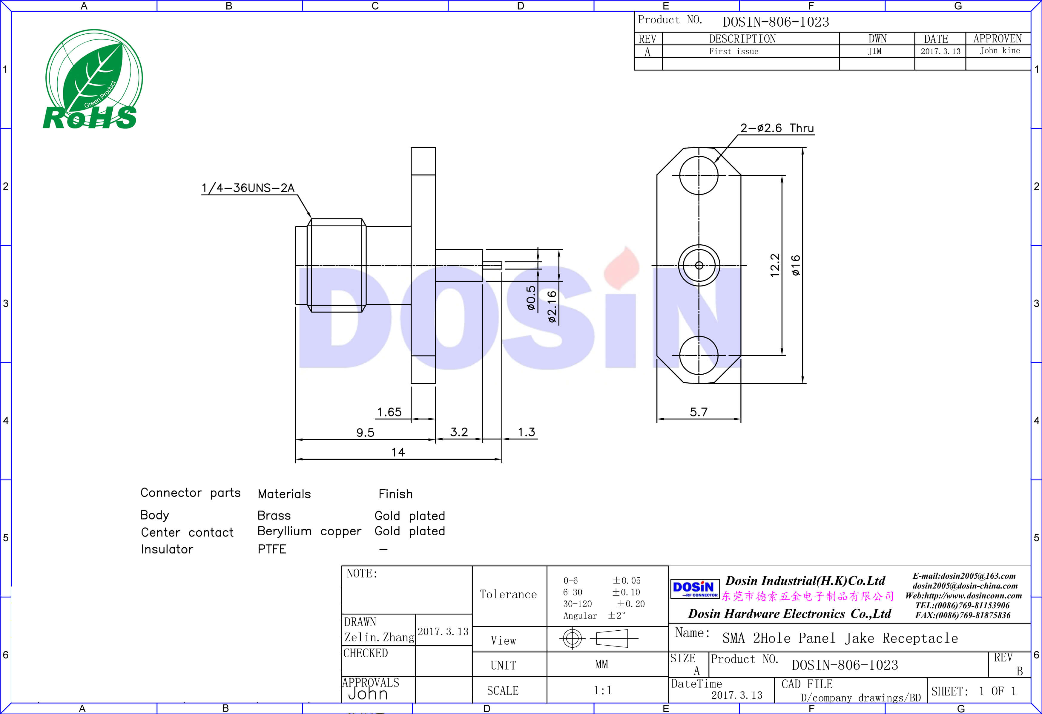 sma射频同轴镀金法兰2孔直式母头