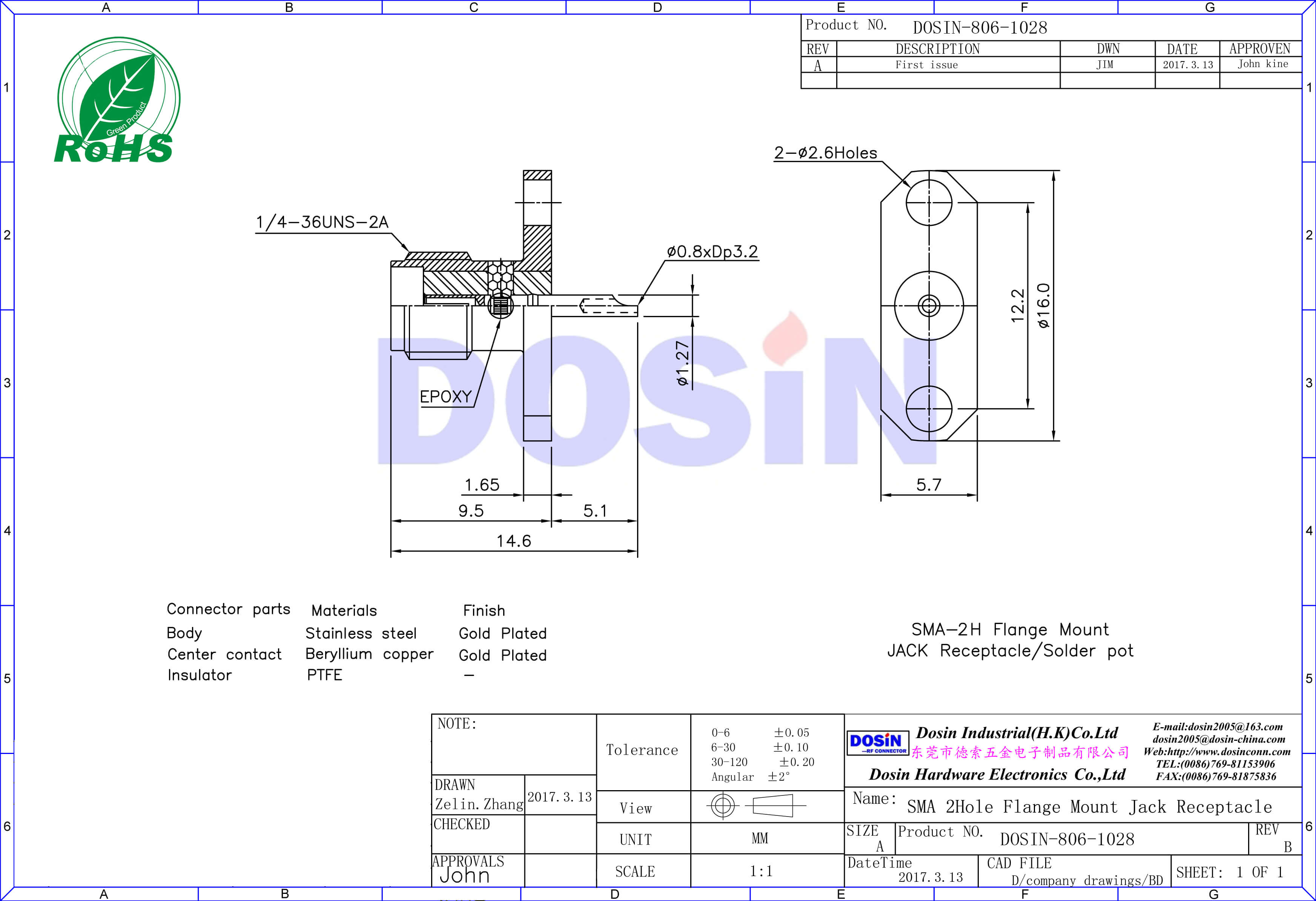 sma母头2孔法兰盘直式镀金焊接同轴连接器