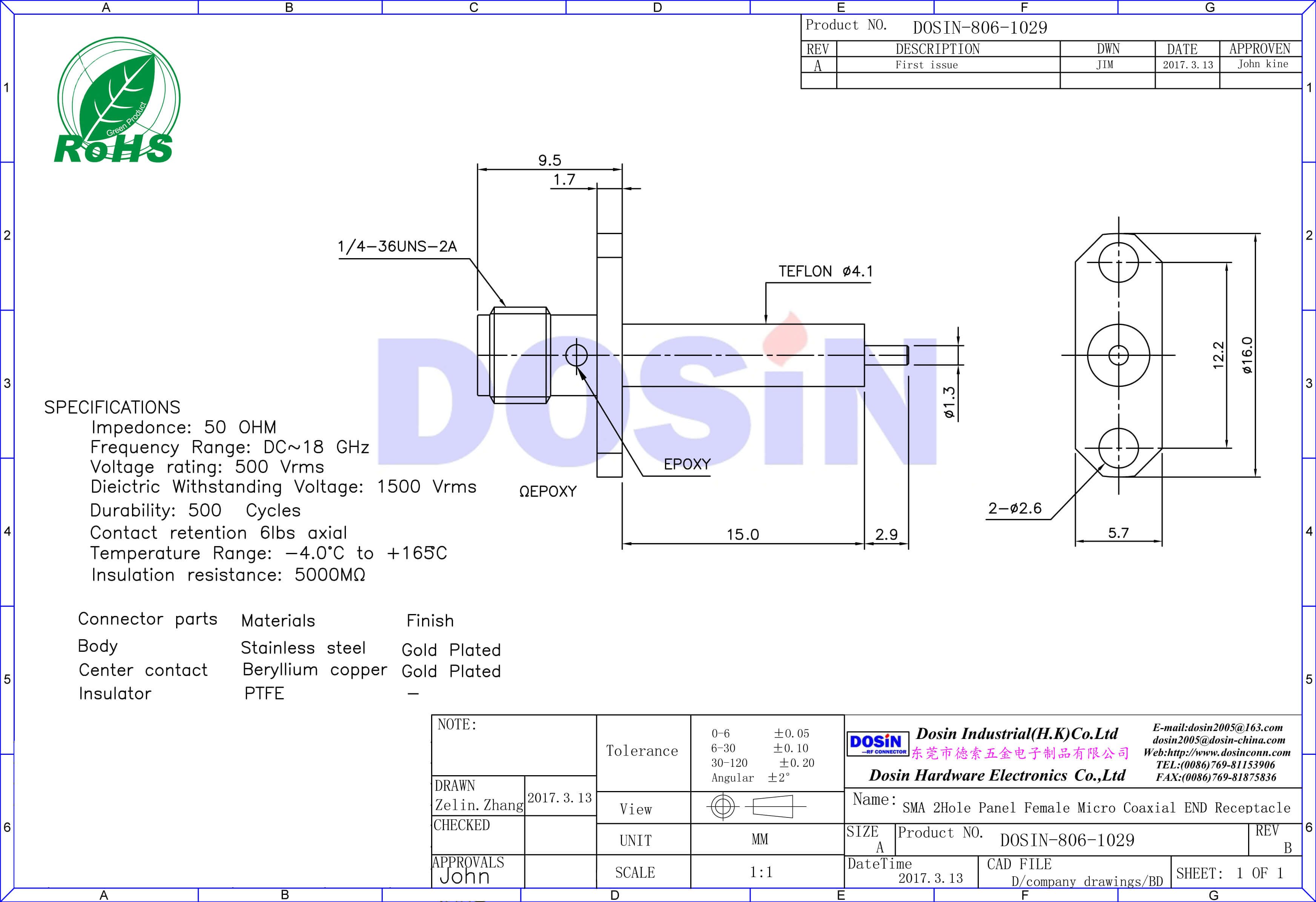 sma标准母头小型2孔法兰盘同轴连接器面板安装
