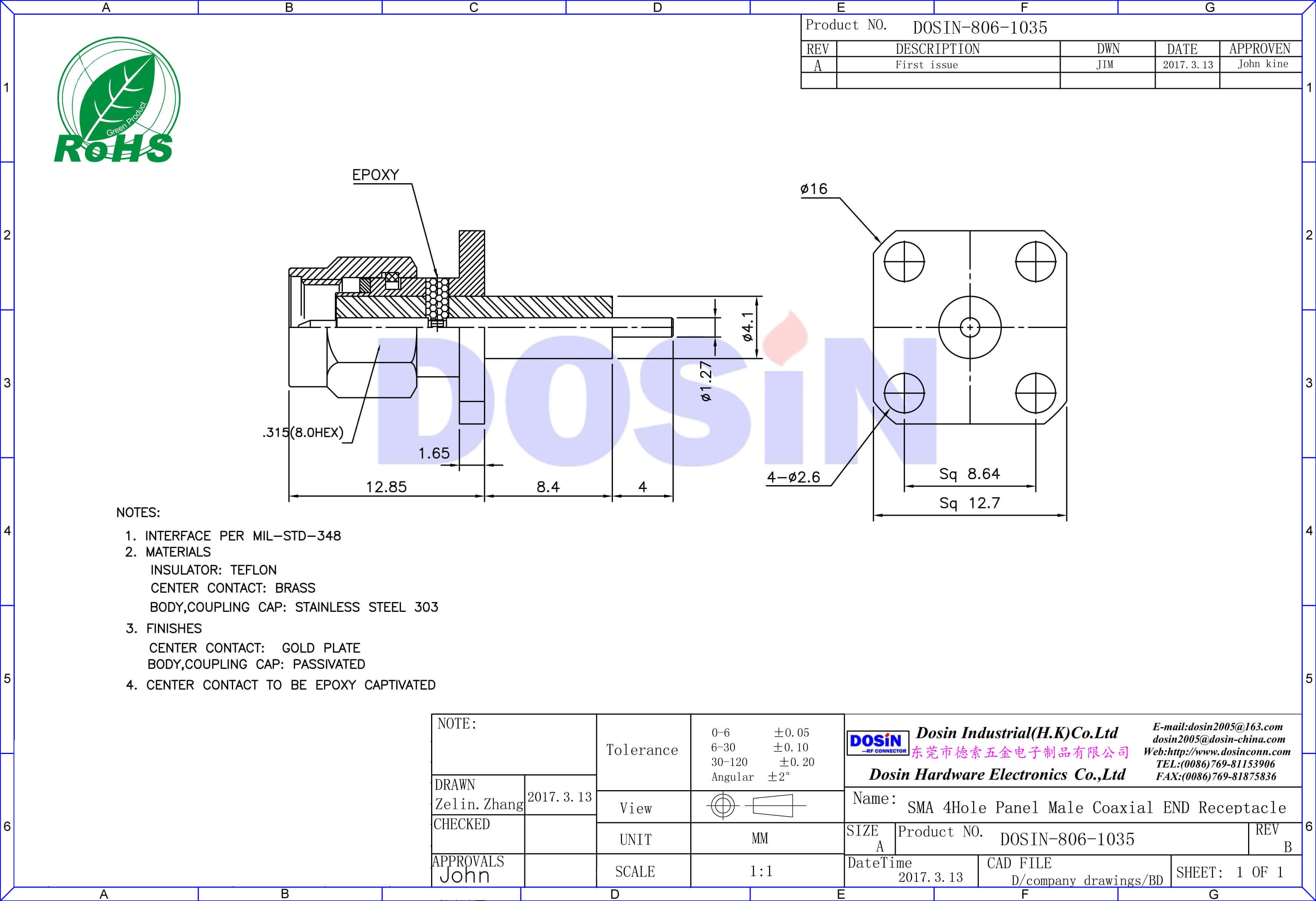 sma连接器, 面板安装,直式,公头,4孔法兰,延长铁氟龙,树脂灌胶