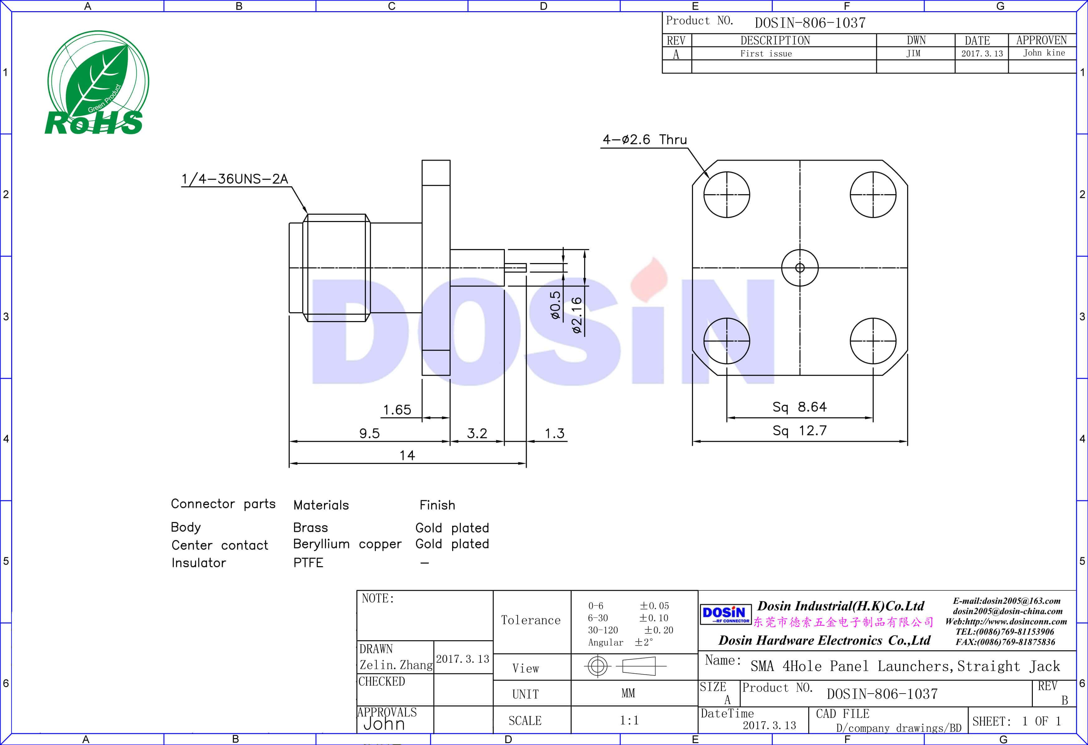 SMA铁氟龙法兰盘4孔直式母头面板安装音视频连接器