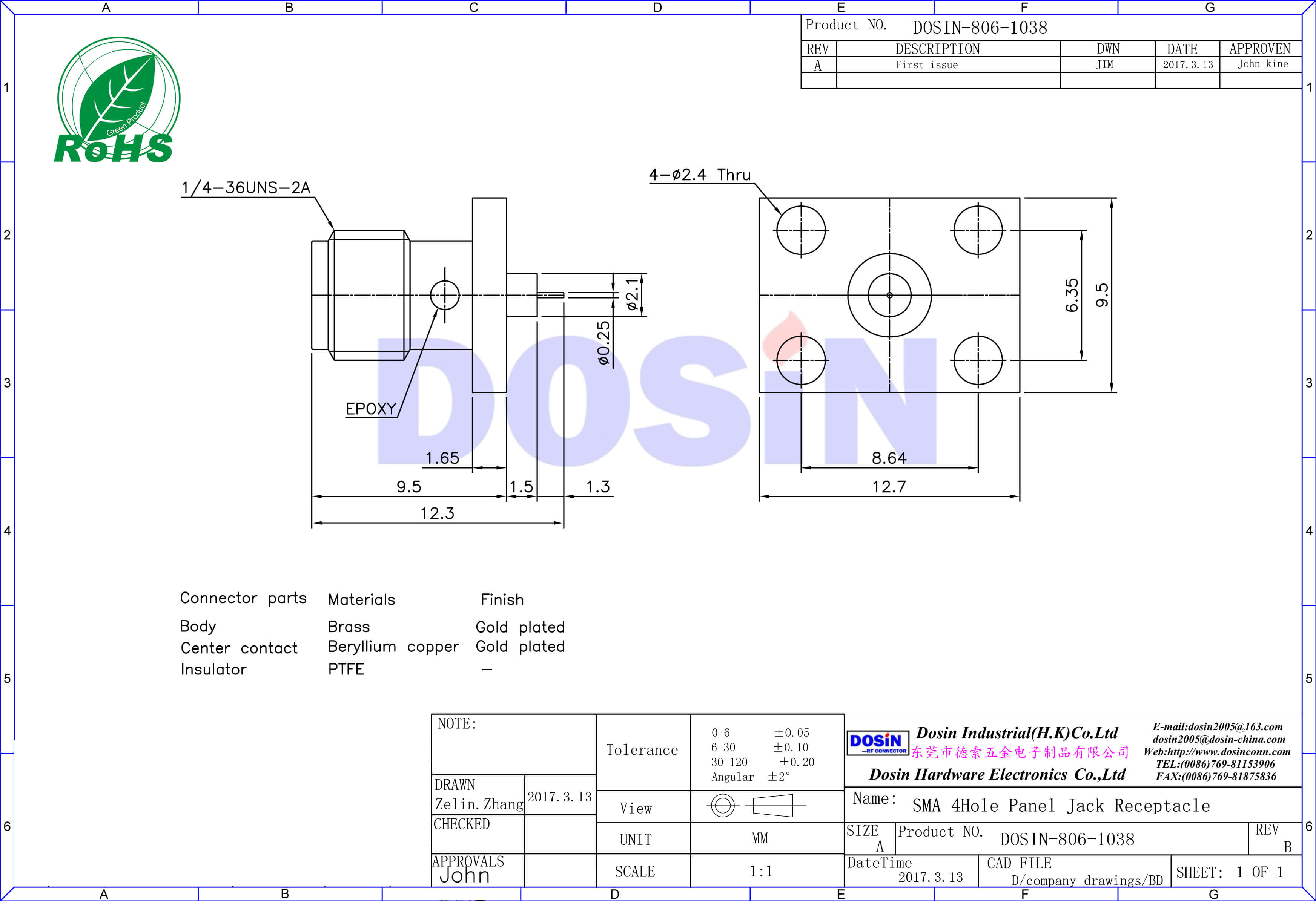 sma视频插头母头射频同轴连接器4孔方形法兰盘直式面板安装
