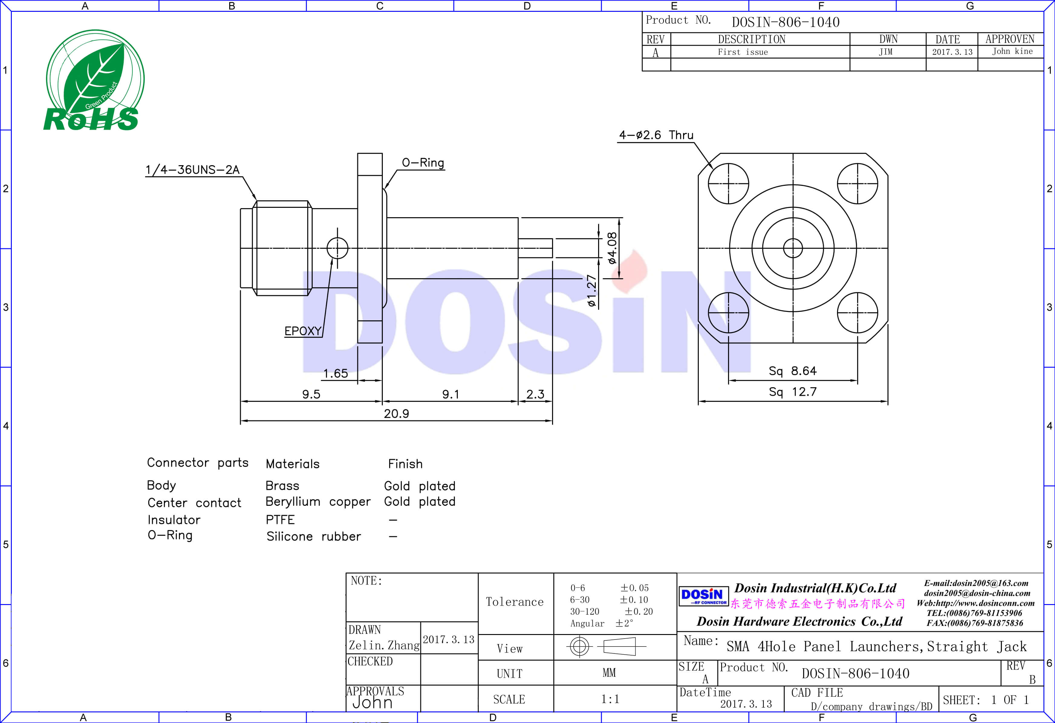 SMA连接器直式母头延长铁氟龙法兰盘4孔面板安装同轴视频