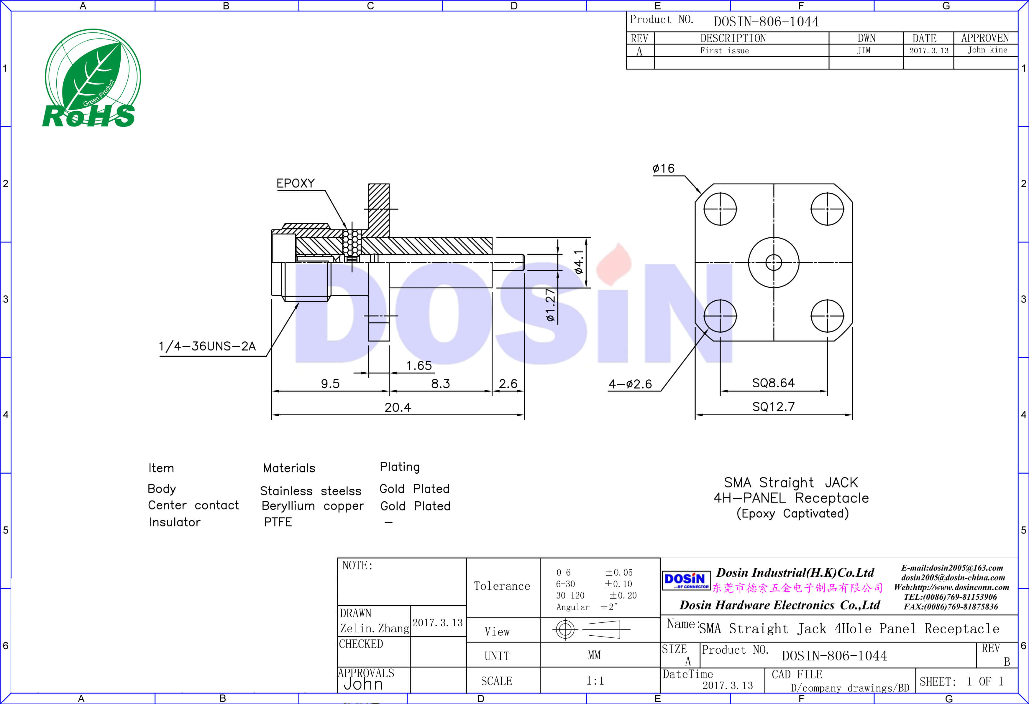 SMA板端方形法兰盘4孔延长铁氟龙面板安装同轴 音频树脂灌胶