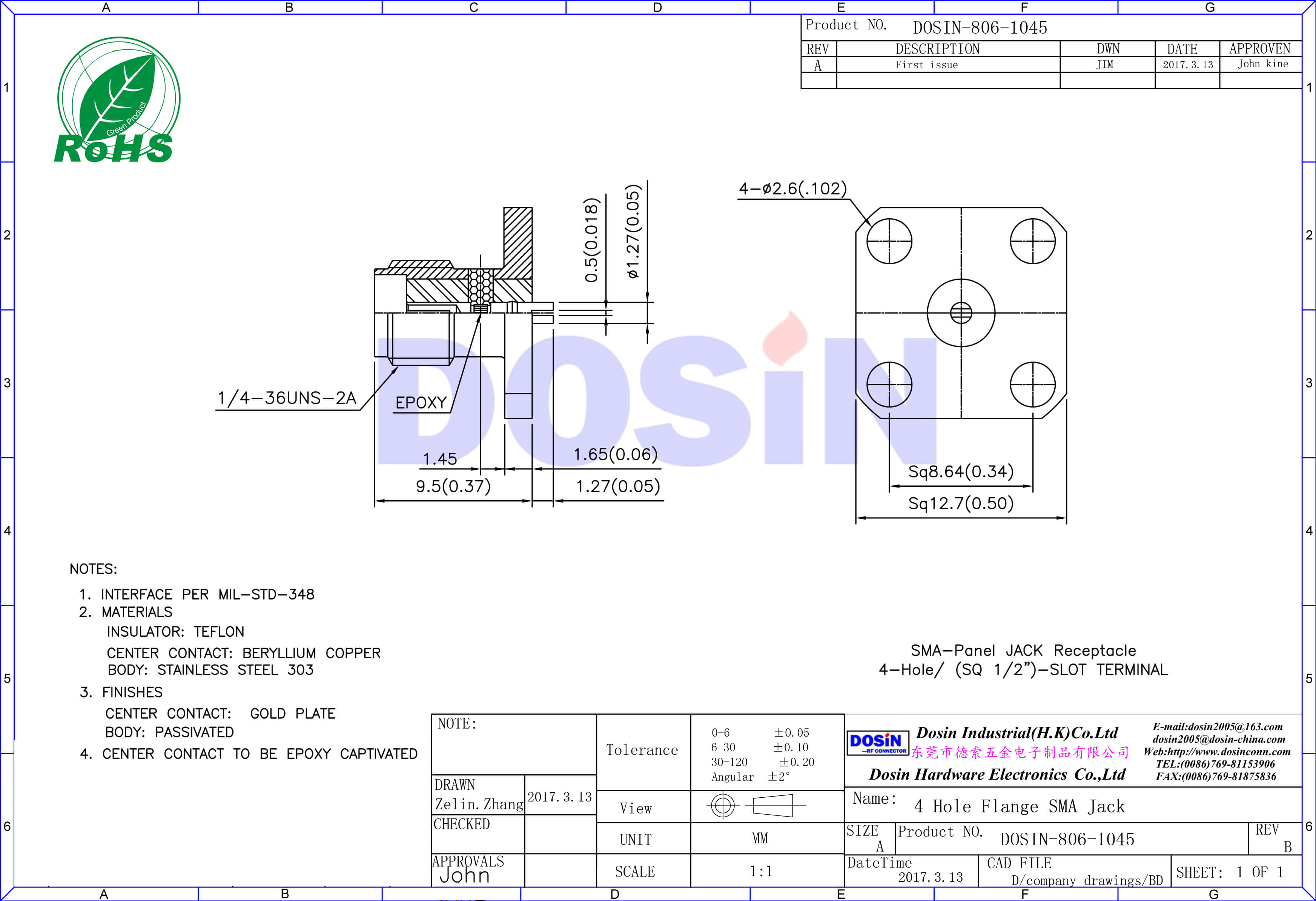 SMA连接器母头方形法兰盘4孔树脂灌胶面板安装同轴音频接头