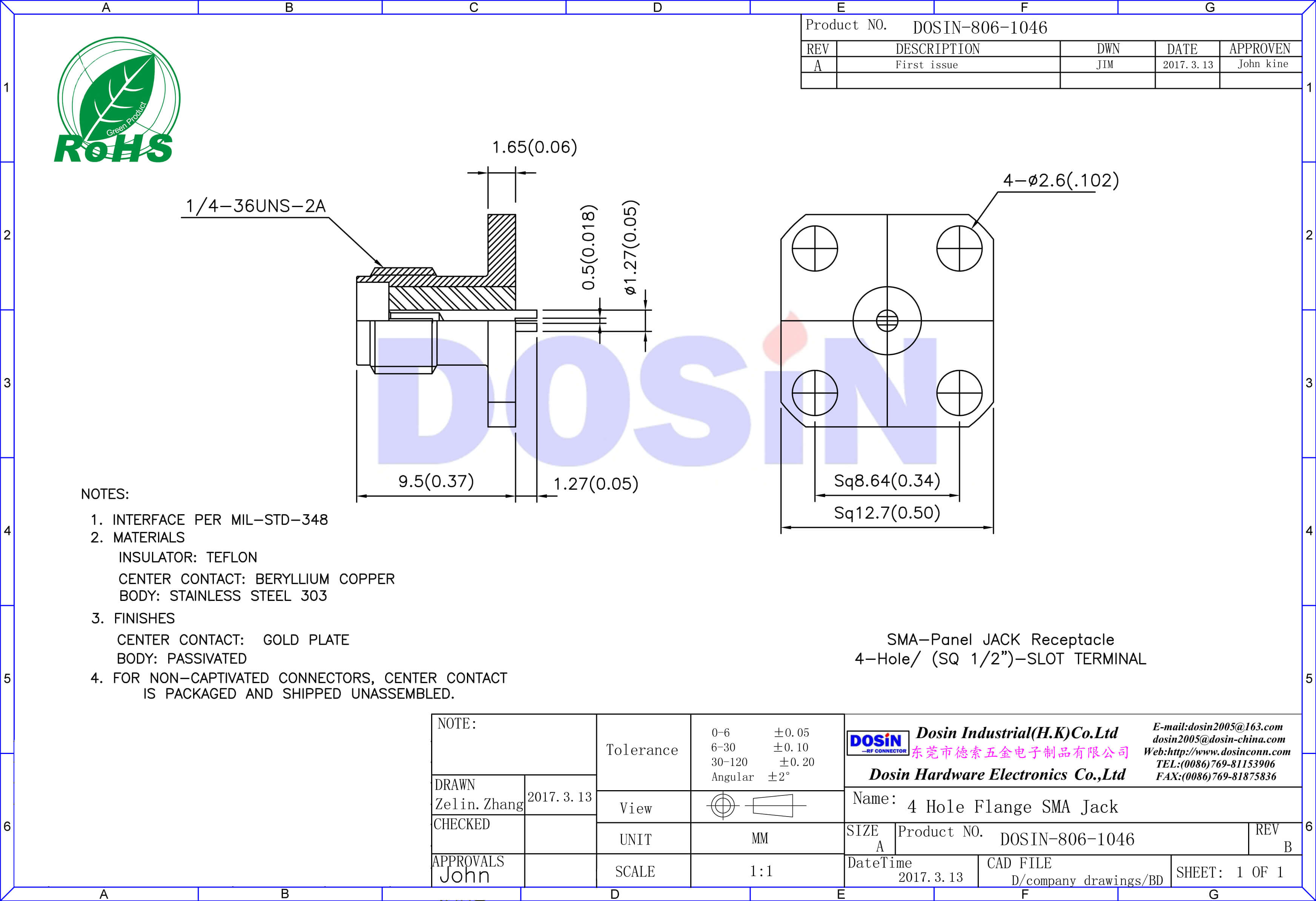SMA不锈钢直式母头4孔法兰盘面板安装有线电视连接器
