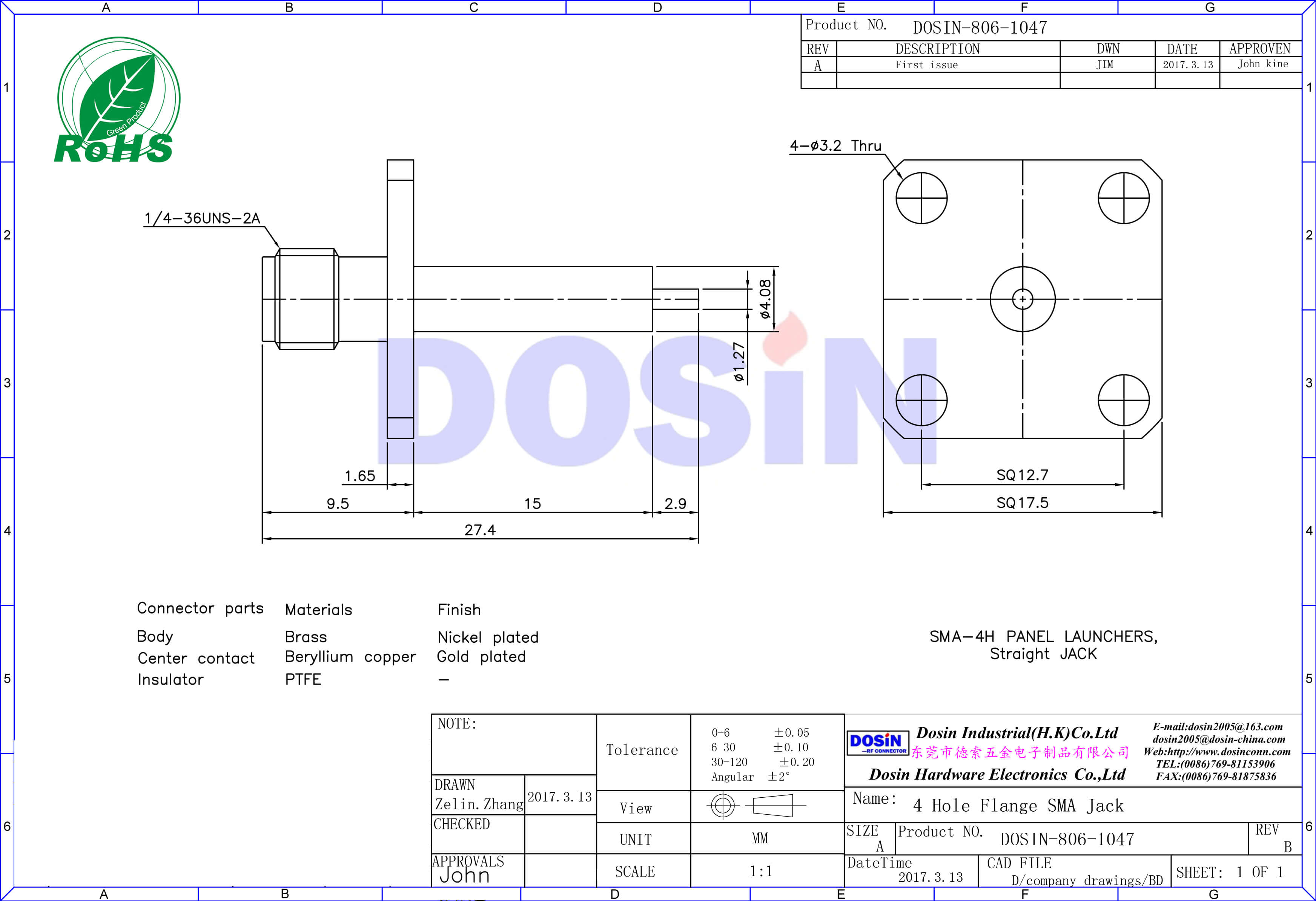 SMA法兰盘4孔直式母头延长铁氟龙面板安装有线电视线连接器