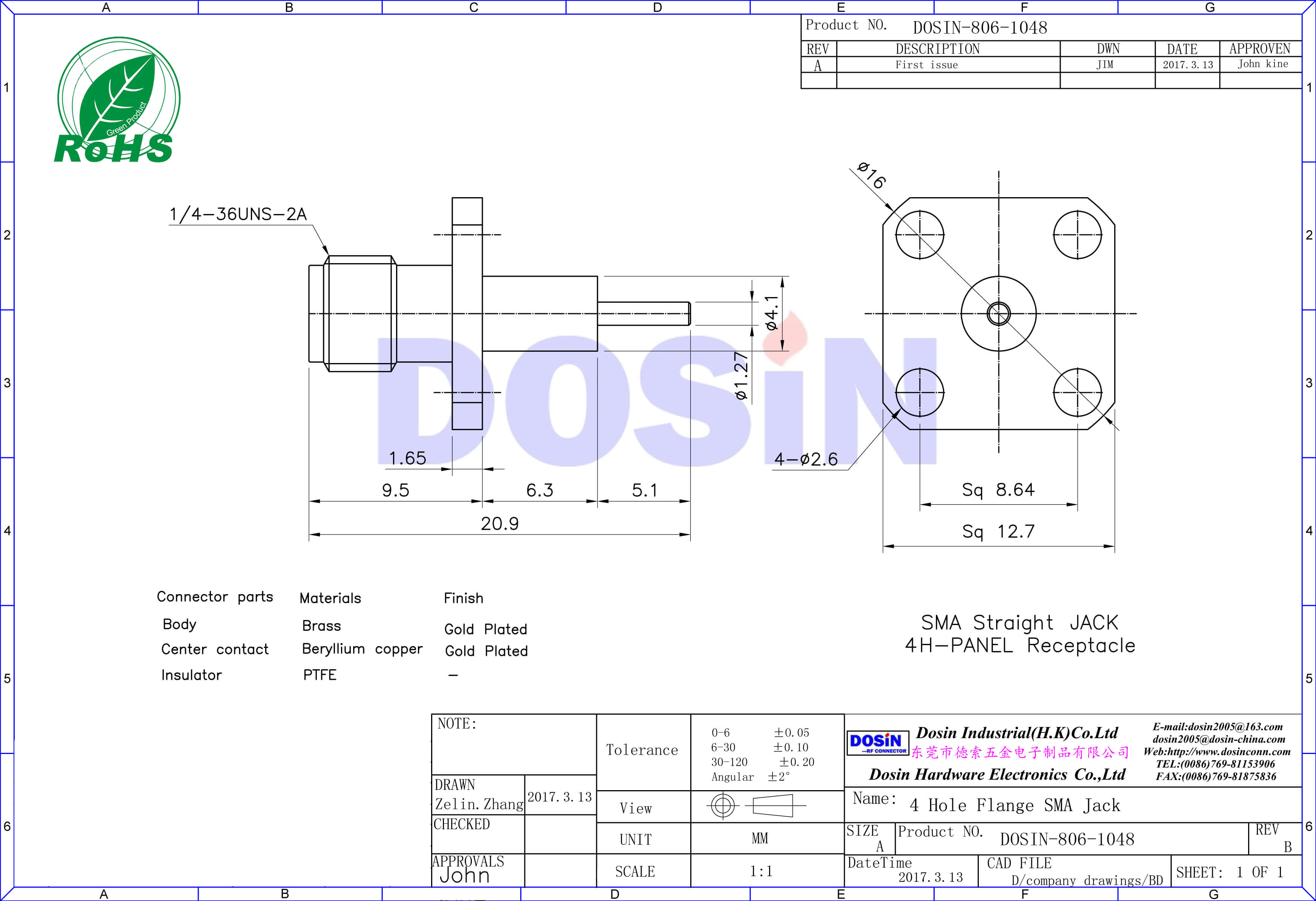 SMA直式母头方形法兰4孔延长铁氟龙面板安装有线电视连接头