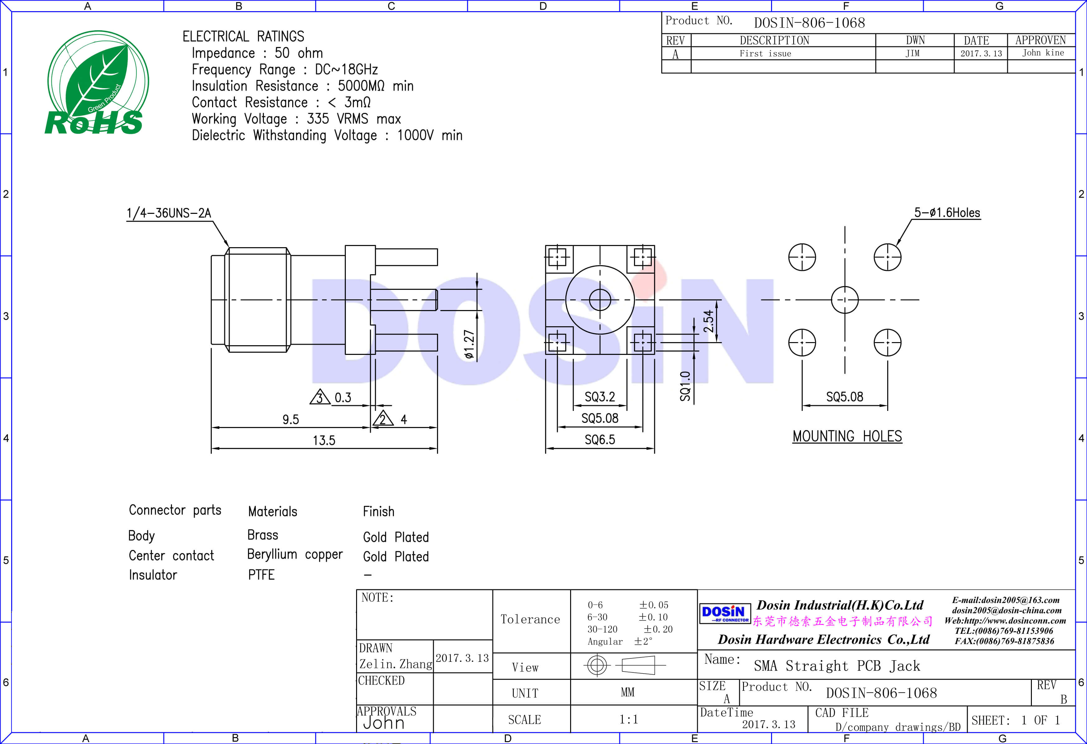 SMA直式镀金穿孔母头连接器PCB面板安装接头