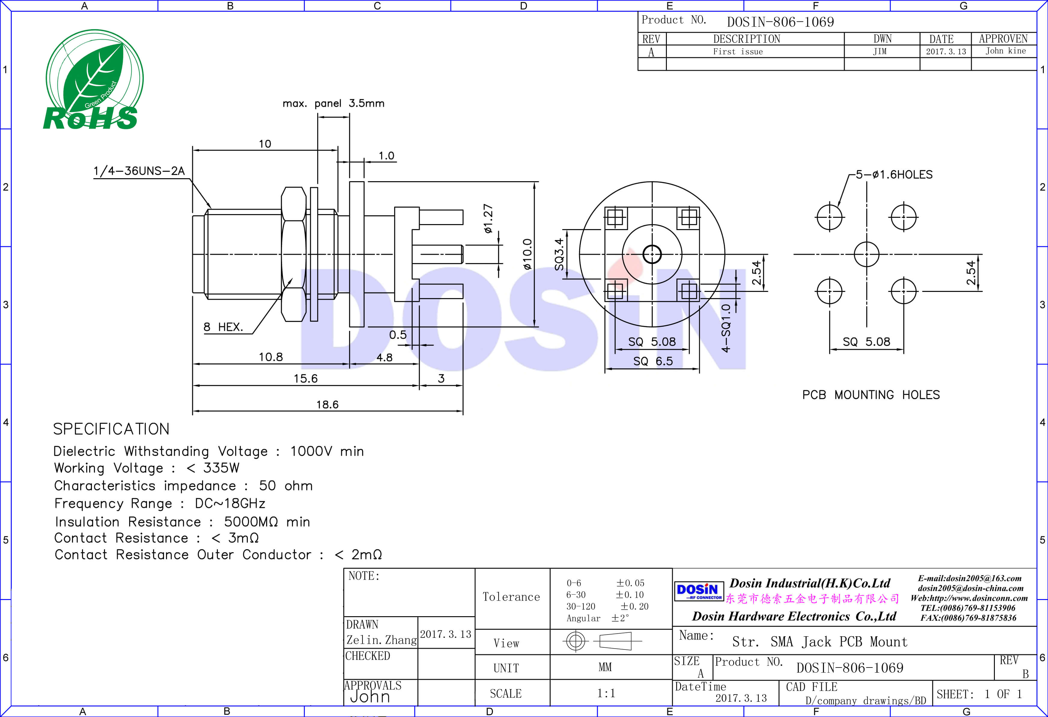 SMA穿墙直式母头连接器PCB穿孔式安装镀金SMA