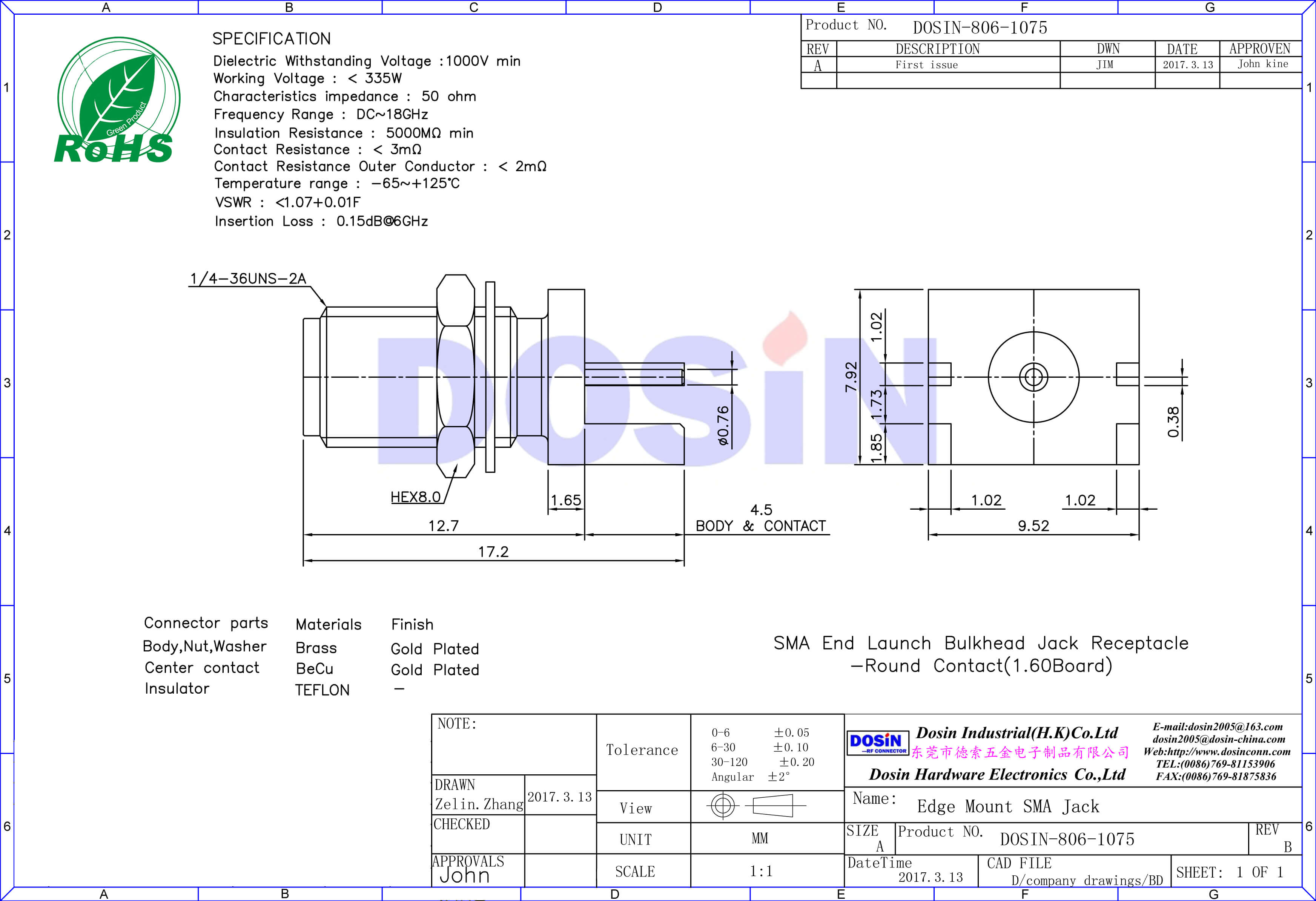 SMA镀金母座前锁穿墙式接1.60mm电路板直插 PCB卡板式