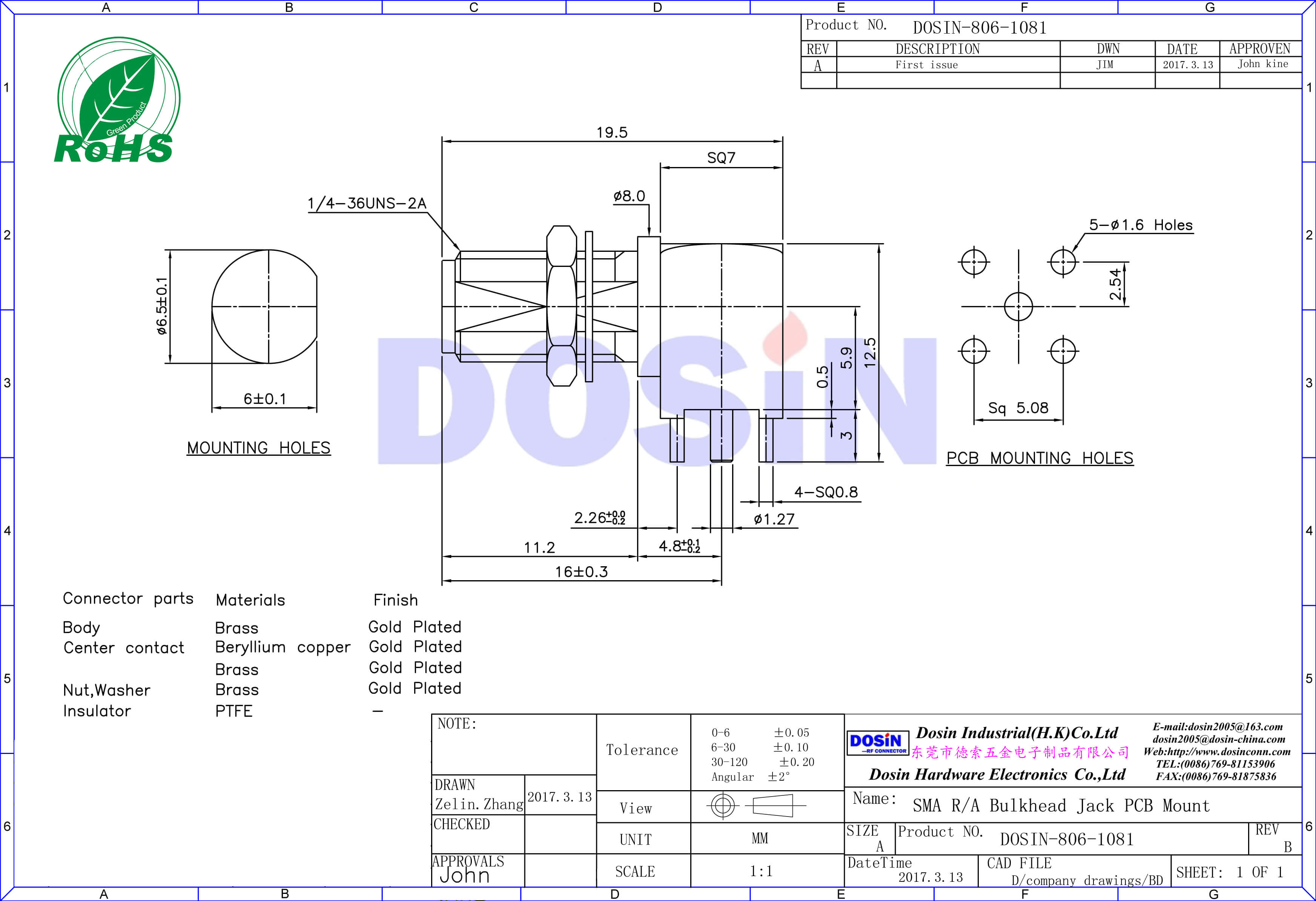 SMA弯式穿墙式母头连接器SMApcb接板板连接器