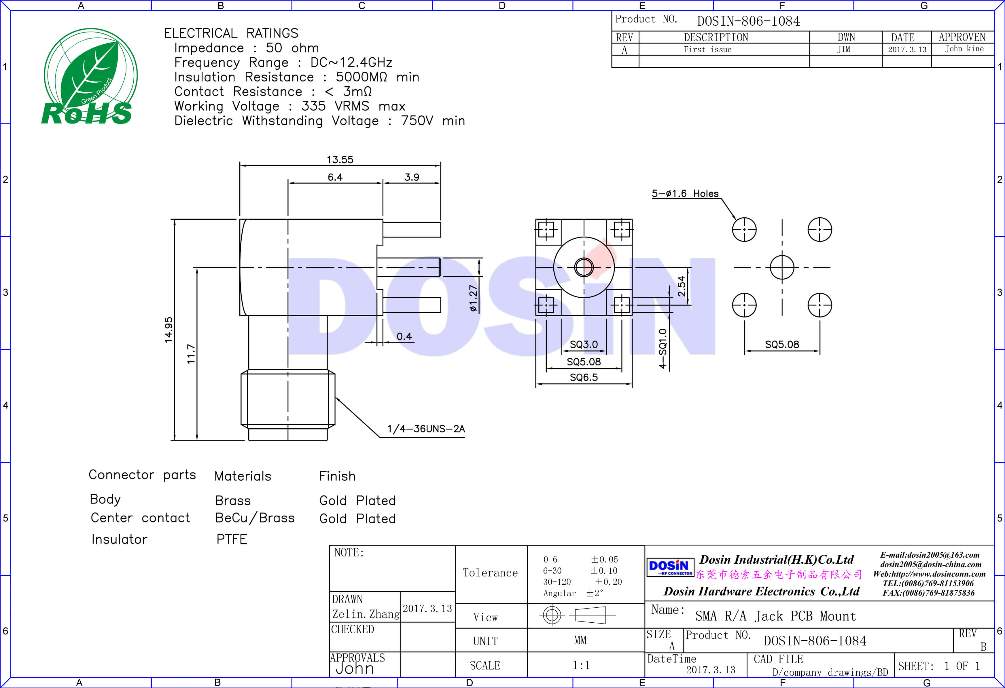 SMA连接器90度母头接pcb板插座