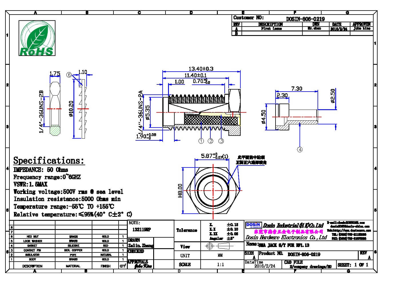 焊接穿墙式SMA母头接RF1.13