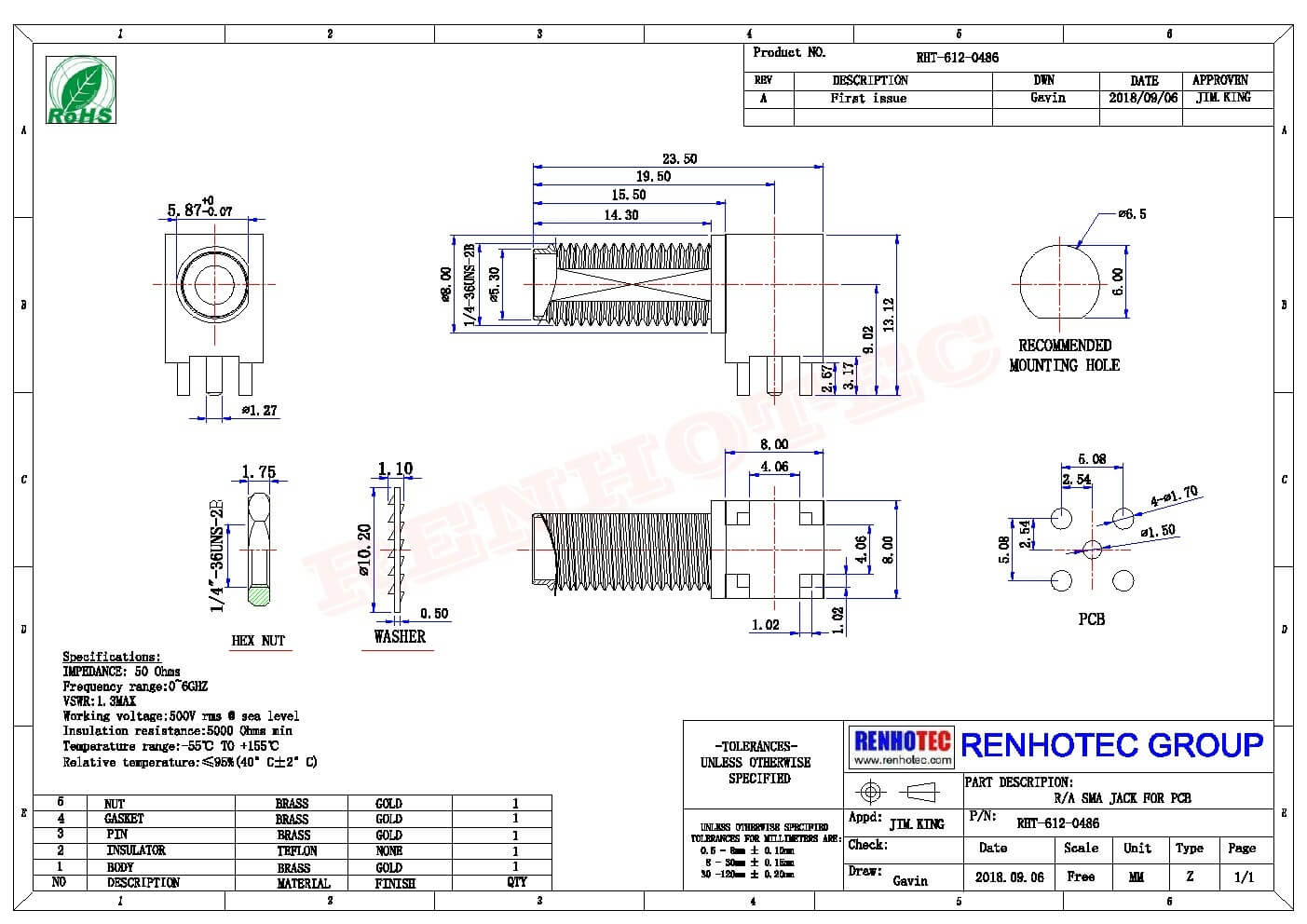 50欧姆弯式接头反极母头公头针插PCB板镀金