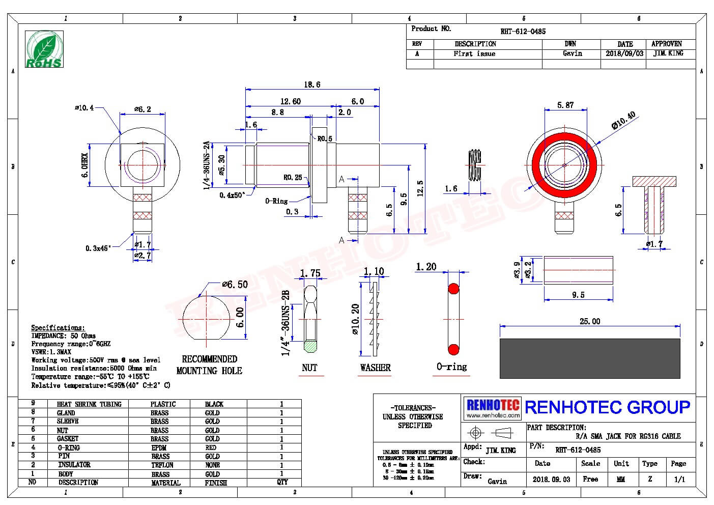 RP-SMA防水母头直式接线LMR200压接前锁连接器