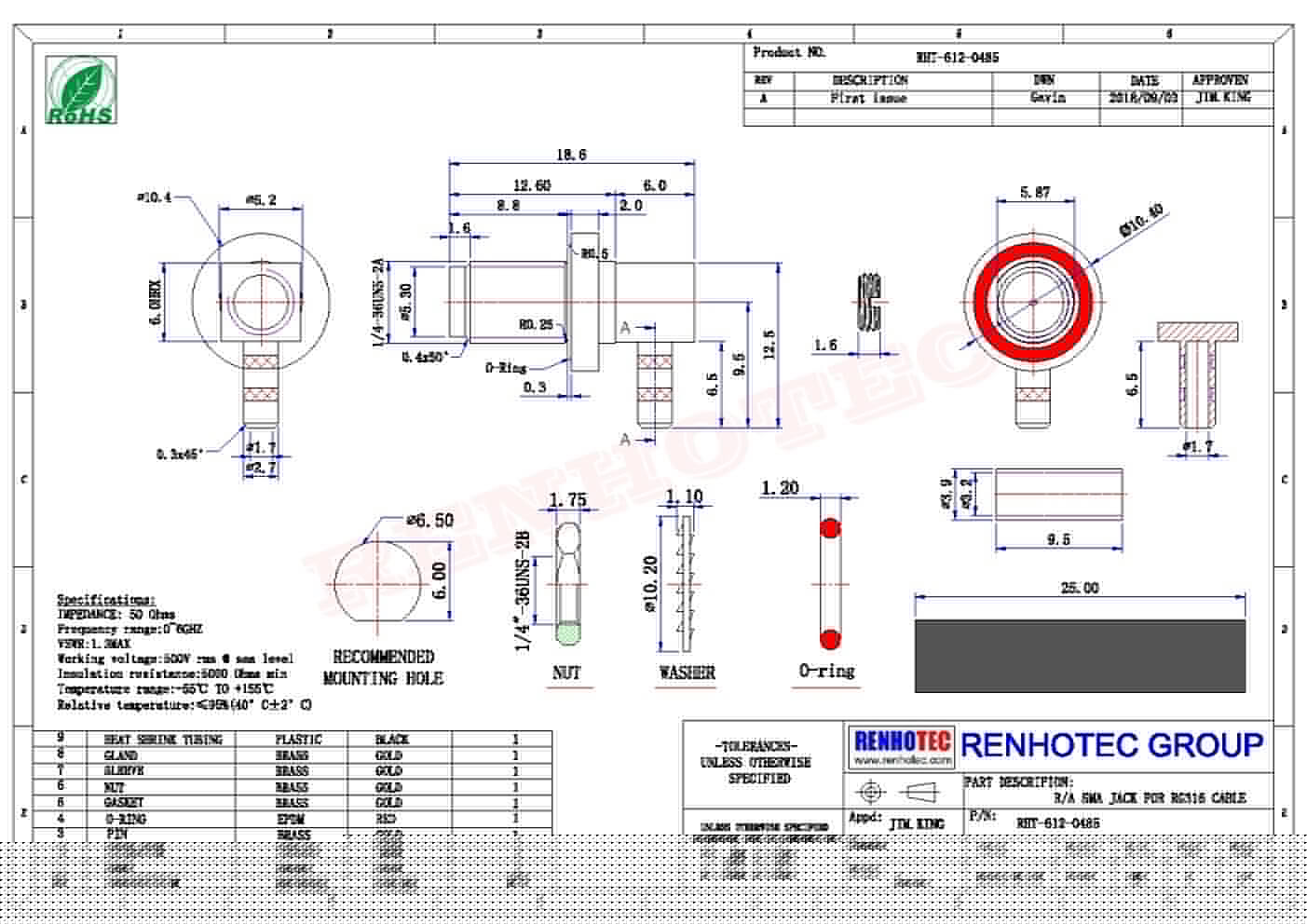 SMA母头PCB安装连接器弯式防水前锁穿墙插孔